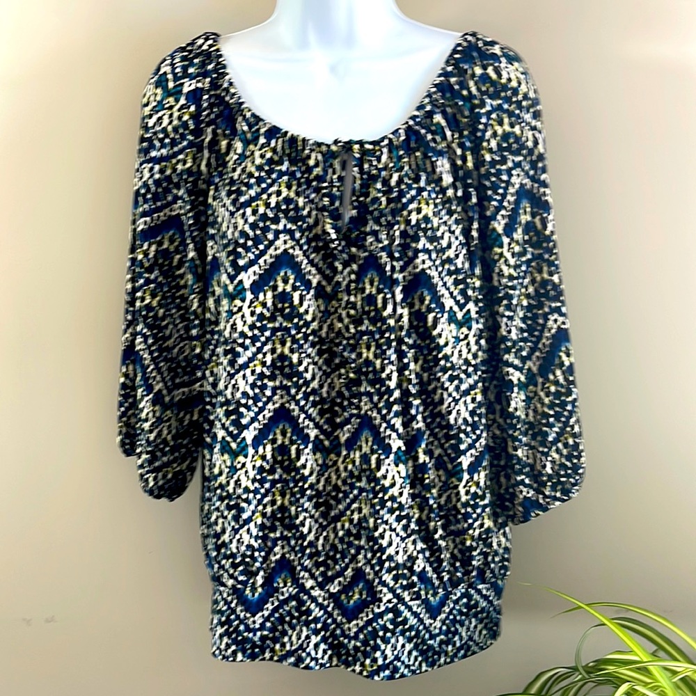 INC Large Scoop Neck Black/Blue Print Top